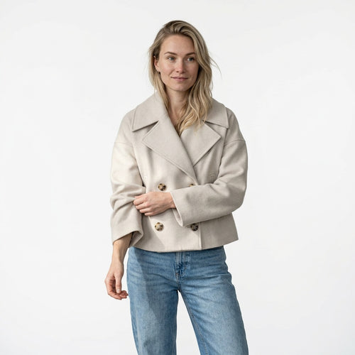 Jakke dame dobbeltknappet beige set forfra