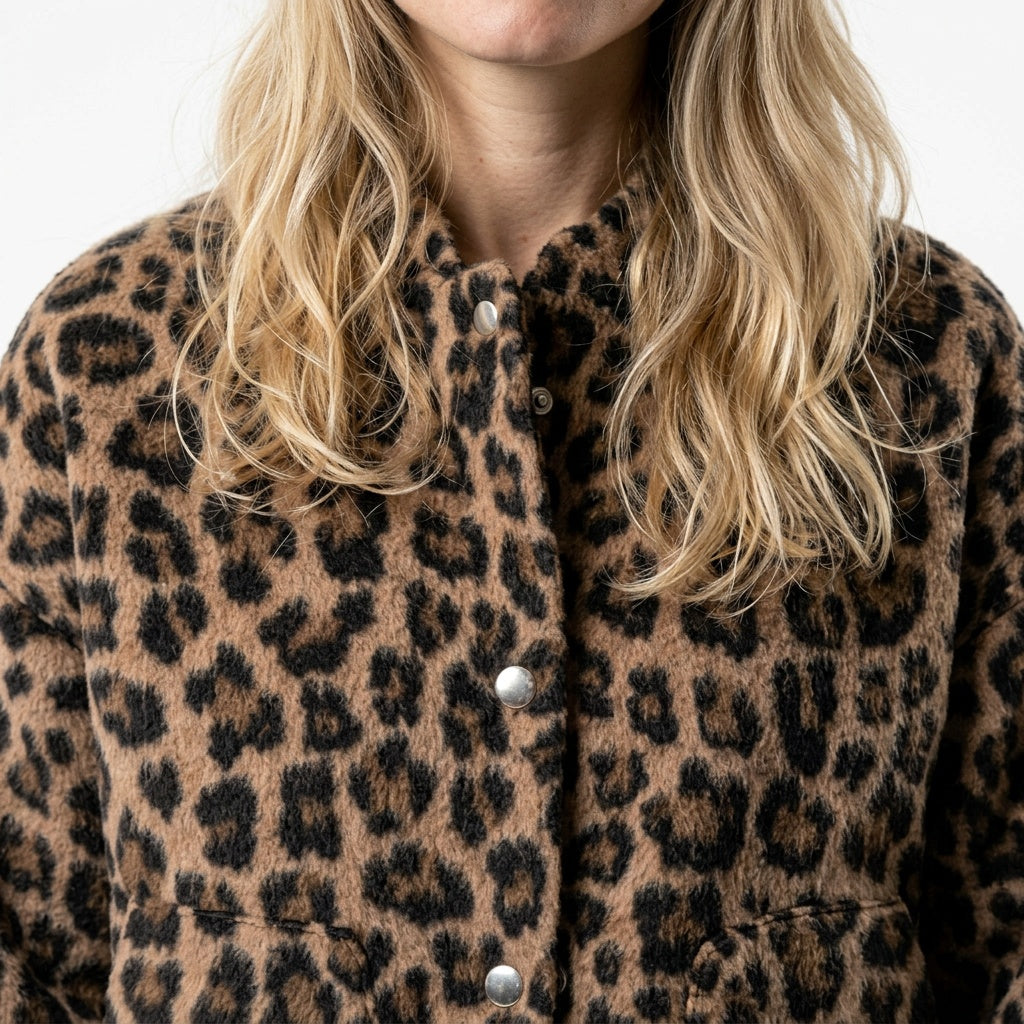 Bomberjakke dame leopardprint detalje af stof og trykknapper