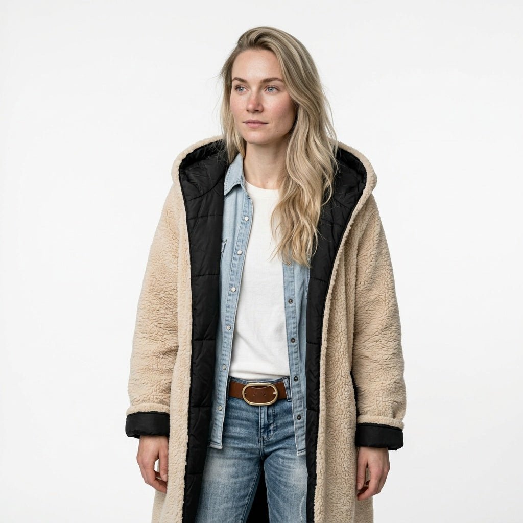 Lang frakke dame vendbar båret med teddyfor udenpå