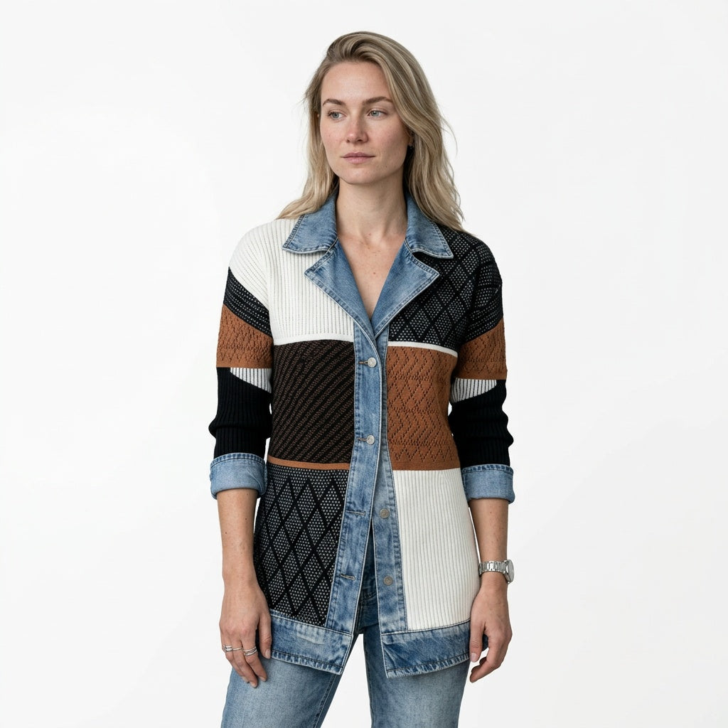 Lang overgangsjakke dame lysebrun patchwork